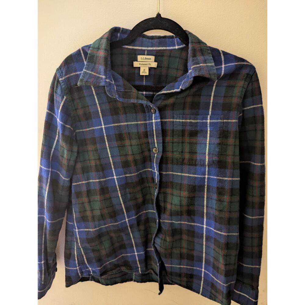 LL Bean Flannel Women's Shirt Scotch Plaid Green Blue 100% Cotton Relaxed Fit M
